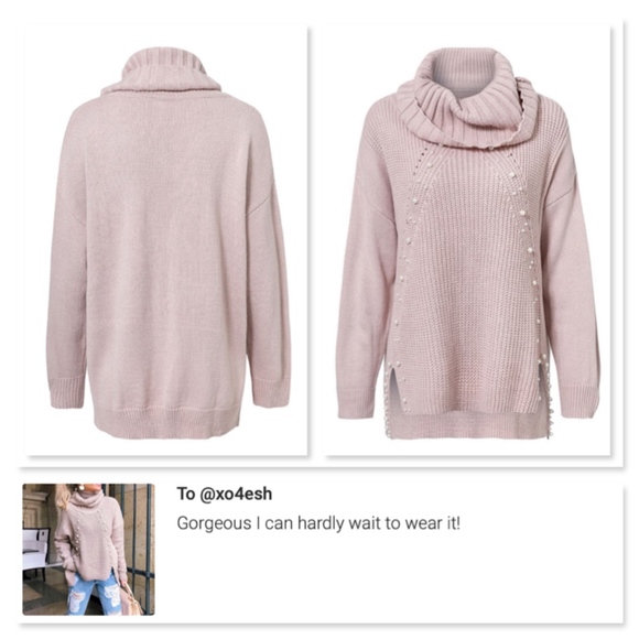 Pearl Beading Oversized Pink Sweater Cowl Neck - Picture 8 of 8